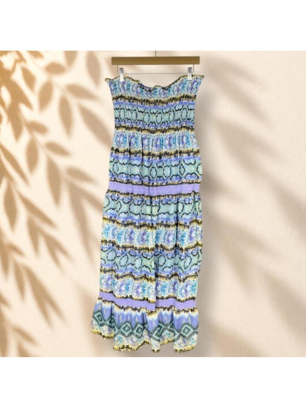 New Glory Dress Women L Large Blue Striped Sheath Midi Strapless Stretch Casual